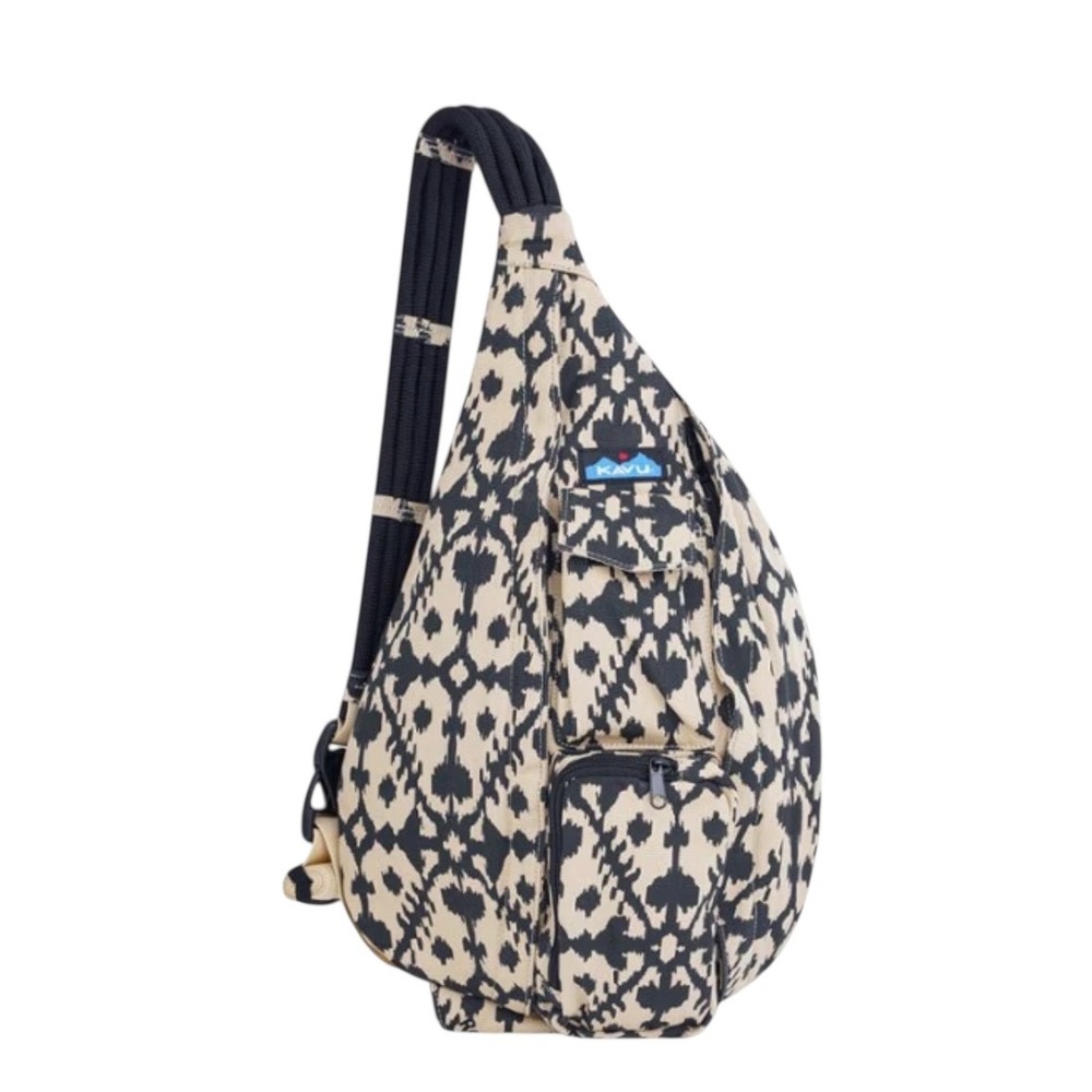 KAVU‎ Rope Bag Sling Backpack Cream Blue Ikat Sand Blot Canvas Crossbody Bag